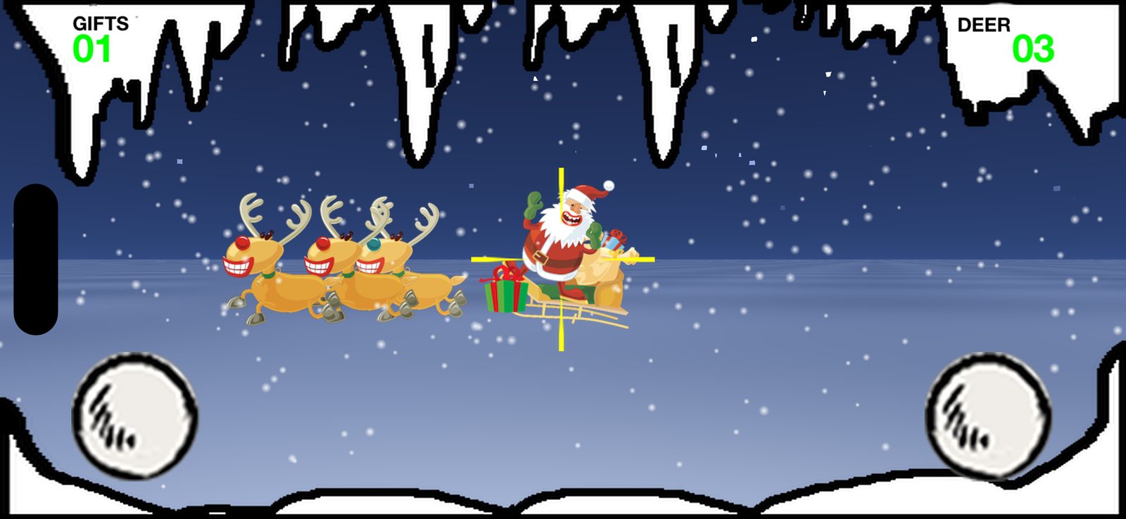 A snowball hits Santa and a present flies out