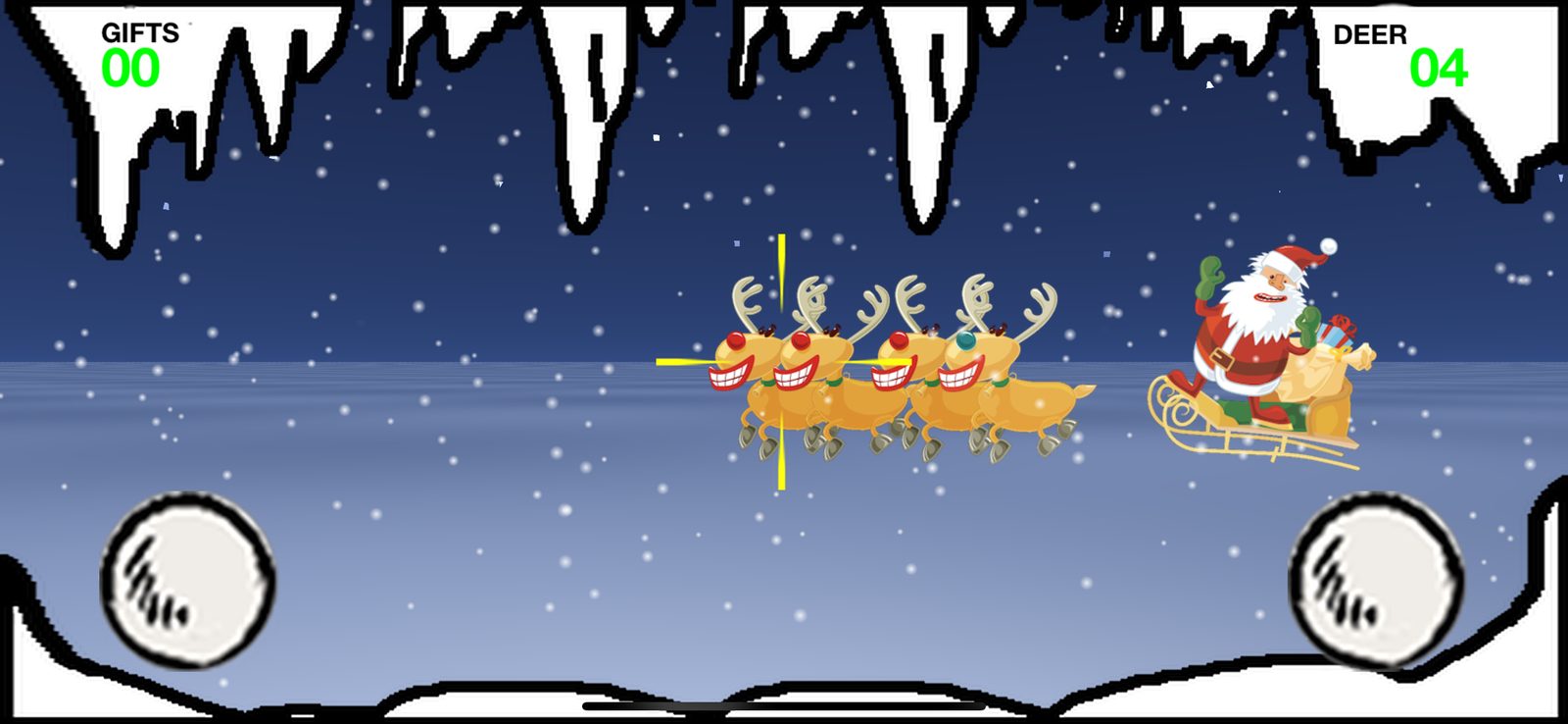 Santa's sleigh and reindeer in the sight, under falling snow