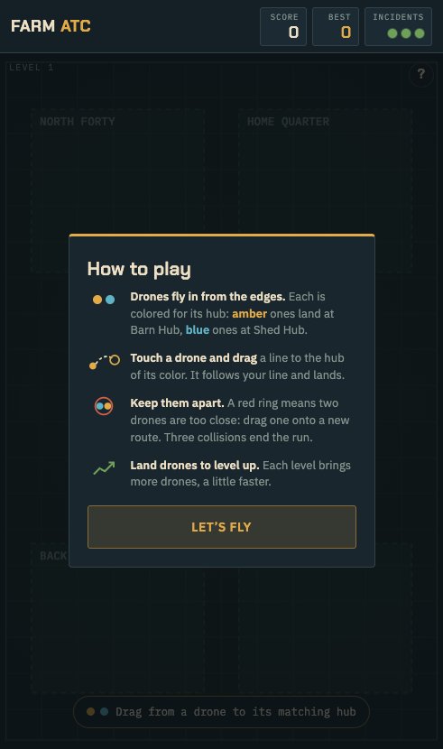The phone version's How to play card: drones colored for their hub, drag a line home, keep them apart, land drones to level up