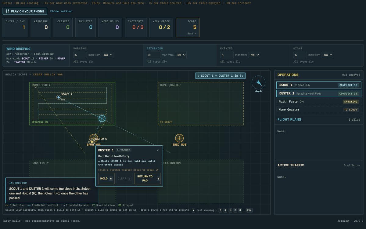 Lesson 1 on a computer: the instructor warns that the scout drone and the crop duster will come too close in 3 seconds, with an × where their routes meet